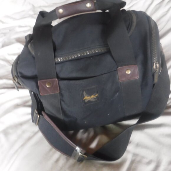 Eddie Bauer Premium Black Canvas Leather Duffle Weekender Bag w/ Shoulder Strap - Picture 1 of 14
